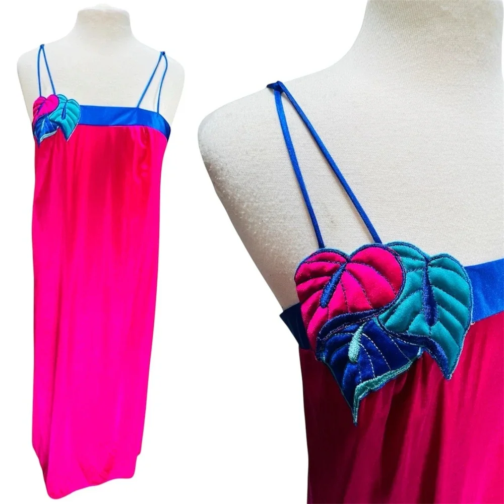 VTG Bright Pink Blue Gown Satin Slip Robe Set Tropical Monstera Leaf M Peignoir